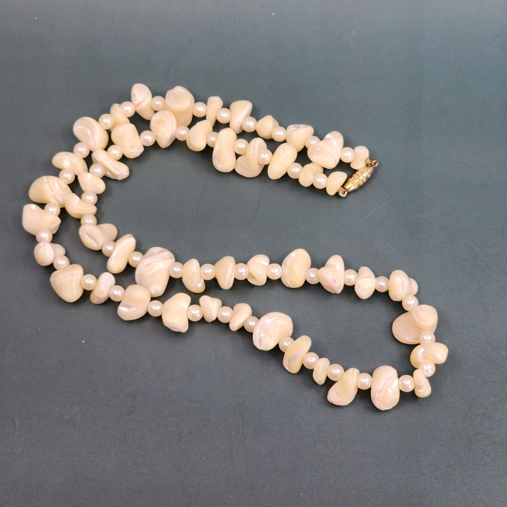 Mother of Pearl Shell Nugget Faux Pearl Double Strand Necklace Vintage Style